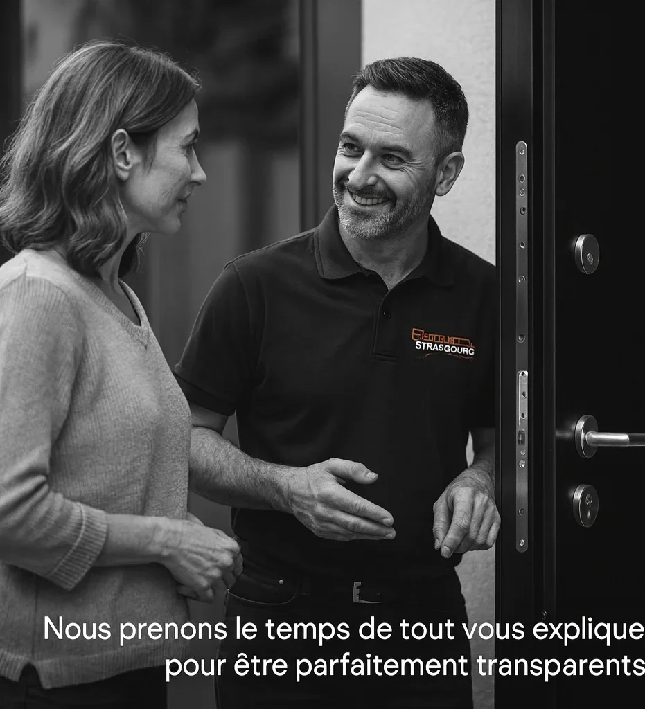 Deux personnes discutent à une porte, souriant et échangent des informations. Le serrurier explique le travail qu'il vient de réaliser