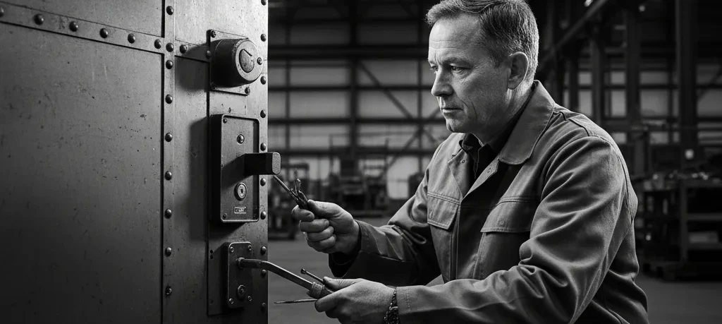 Un serrurier manipule des outils près d'une grande porte dans un environnement industriel.