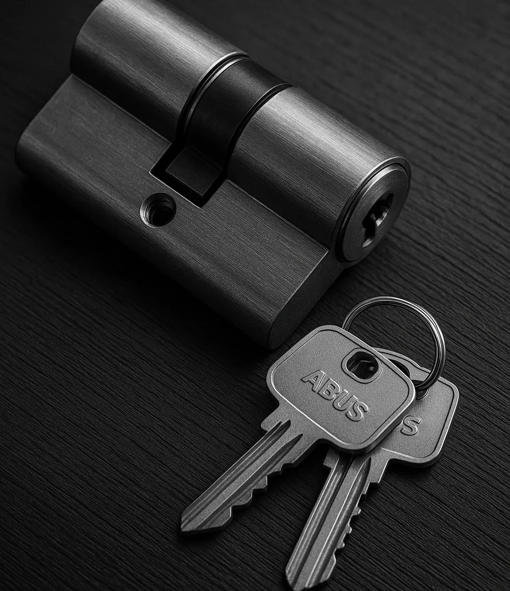 Serrure en métal avec clés posées à côté sur un fond noir.