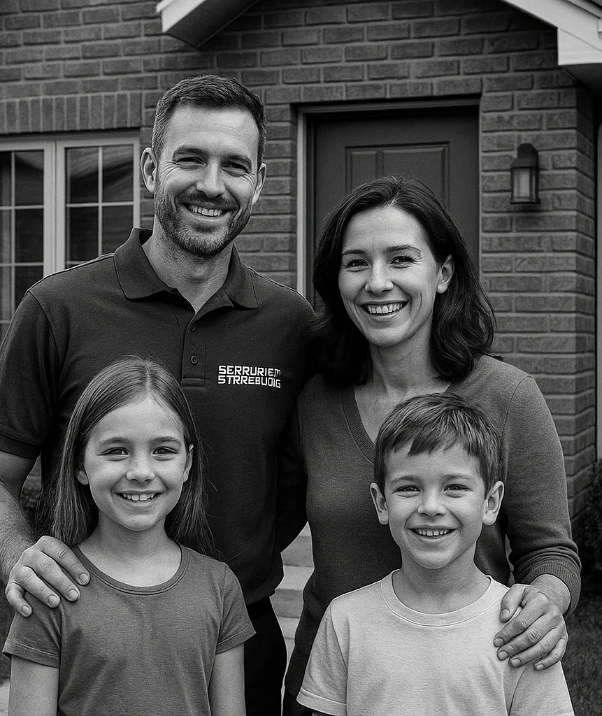Une famille souriante, deux enfants devant leurs parents, devant une maison en briques qui a été sécurisé