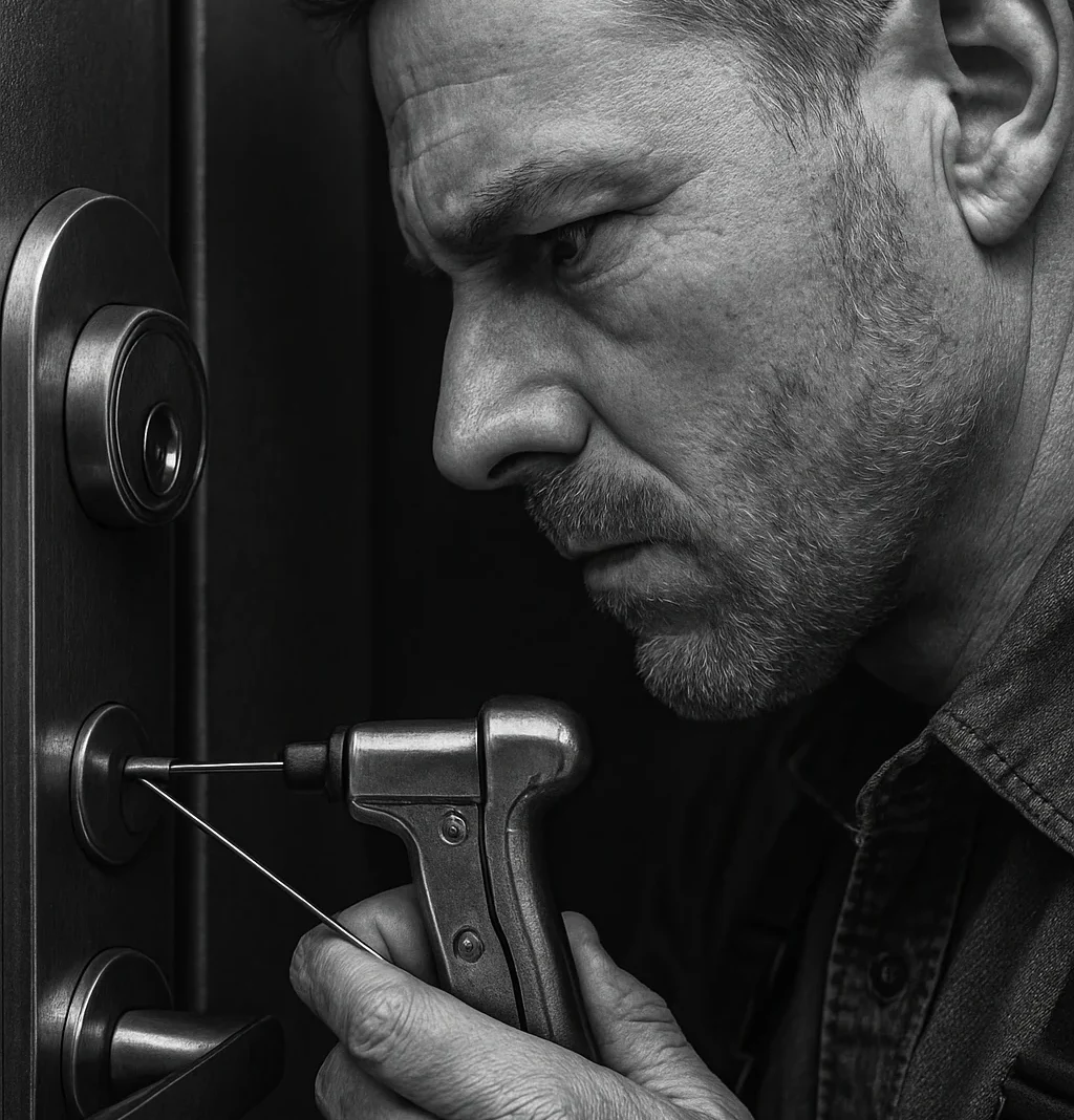Un serrurier concentré utilise un outil de crochetage sur une serrure.