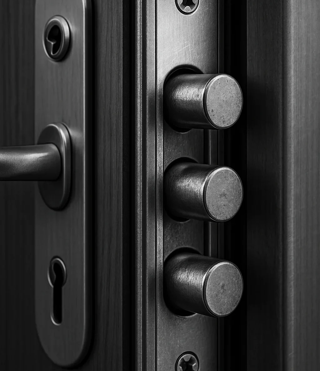 Verrou noir avec trois cylindres et une clé, fixé sur un panneau de porte.