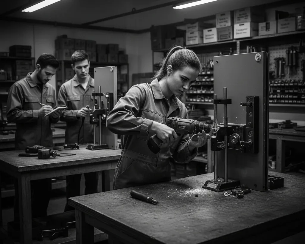 Formation certifiante au métier de serrurier De futurs serruriers en train de se former au métier de serrurier