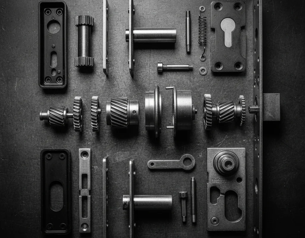 Divers outils et pièces de serrurerie disposés de manière organisée sur une surface sombre.
